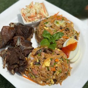 Assorted fried rice with roasted beef and coleslaw