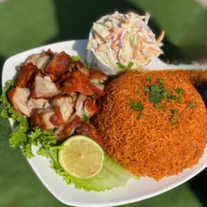 Jollof rice with tofa and salad