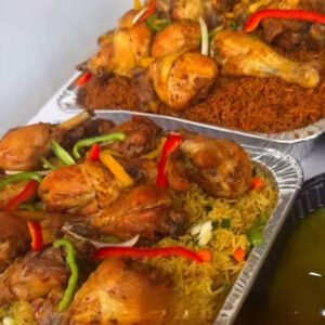 Jollof rice with oven grilled chicken, and turmeric fried rice with grilled chicken drumsticks.