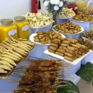 Egg sandwich, chicken sandwich with lettuce, spring rolls, vegetables samosas, grilled chicken garzzard kebabs, fresh orange juice and watermelon juice.