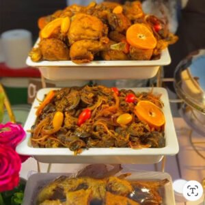Grilled chicken drumsticks, spice pepper chicken garzzard, spice snail with vegetables, fried fish
