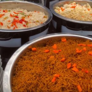 Jollof rice, white rice with grilled beef stew.