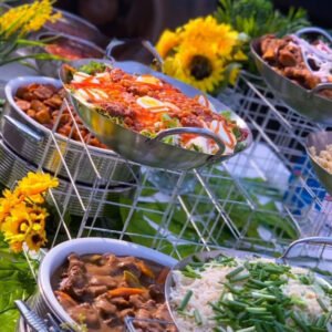 Vegetables white rice with chicken garzzard stew, assorted Salad, spice chicken drumsticks