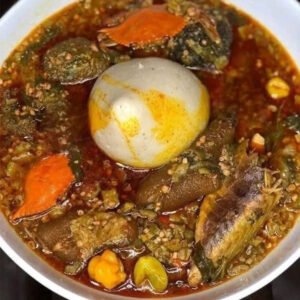 Banku with assorted okro stew